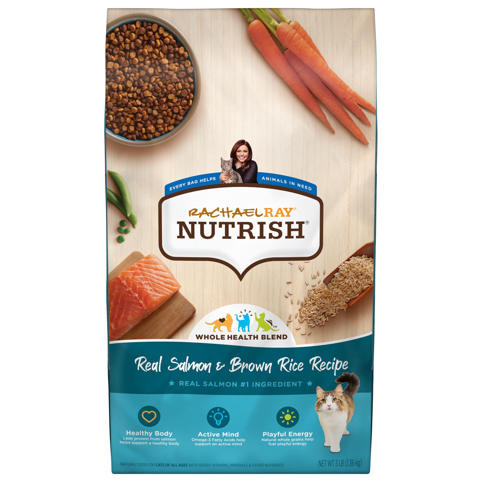 slide 1 of 9, Rachael Ray Nutrish Real Salmon & Brown Rice Recipe Dry Cat Food, 3 lb. Bag, 3 lb