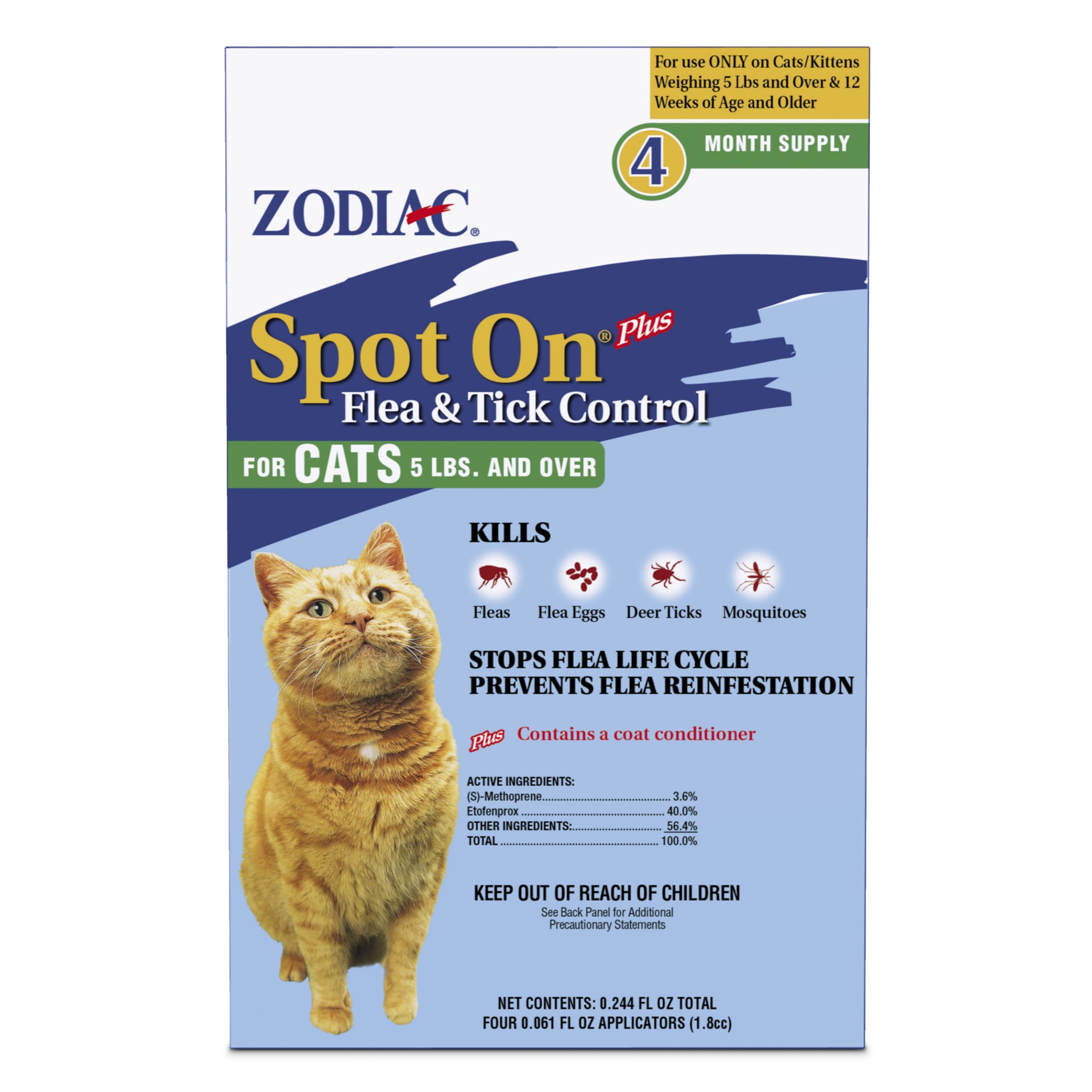 slide 1 of 2, Zodiac Spot On Plus Flea & Tick Control for Cats 5 lbs and Over 4 Pack, 1 ct