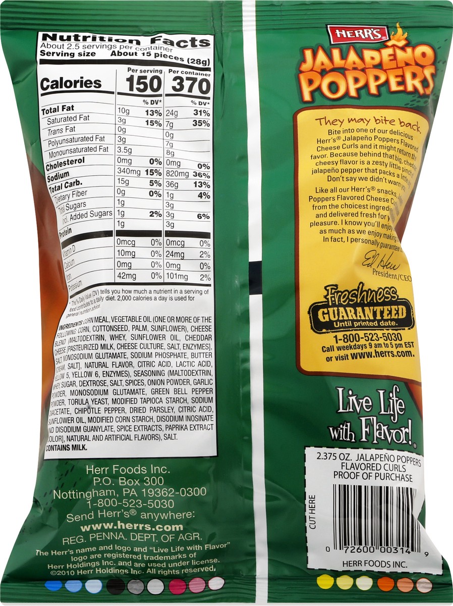 slide 11 of 11, Herr's Jalapeno Poppers Flavored Cheese Curls 2.375 oz, 2.375 oz