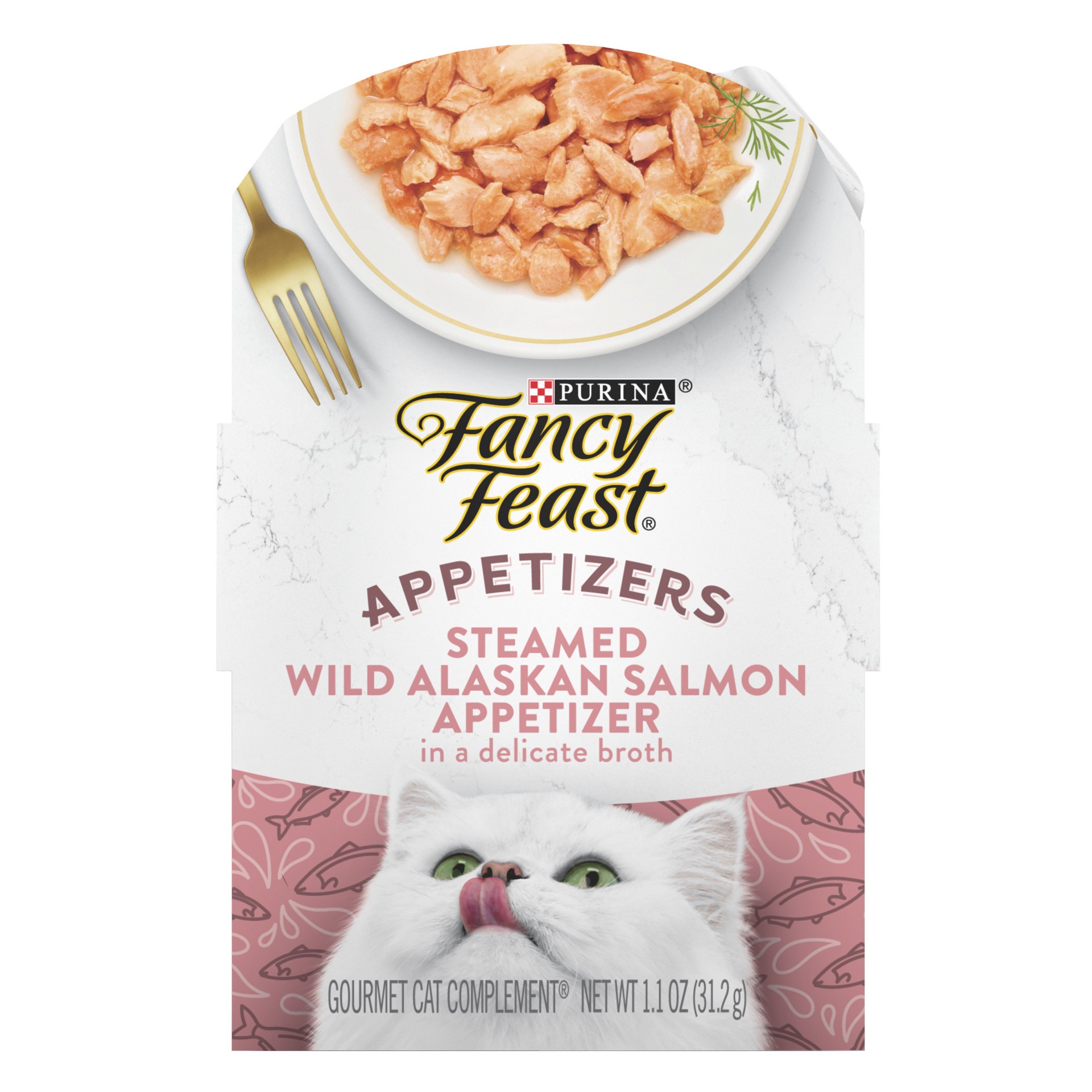 slide 1 of 7, Fancy Feast Purina Fancy Feast Appetizers Lickable Grain Free Wet Cat Food Topper Wild Alaskan Salmon Appetizer, 1.1 oz