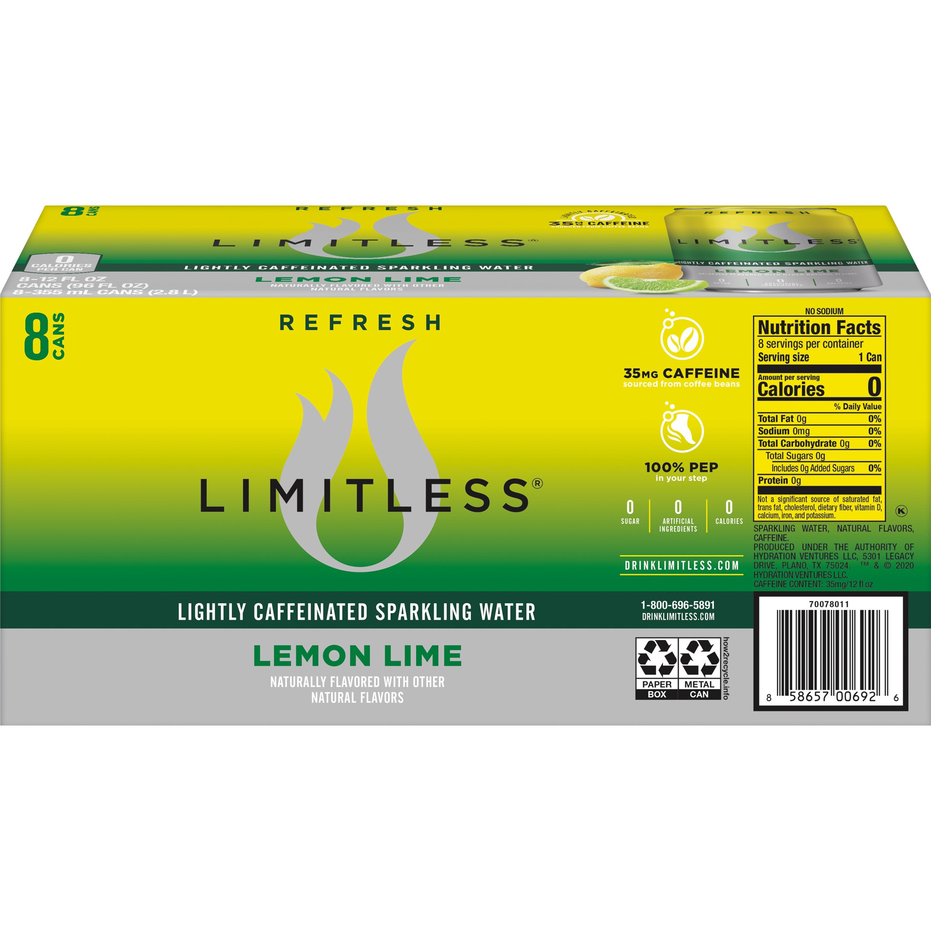 slide 3 of 5, LIMITLESS Refresh Lightly Caffeinated Sparkling Water, Lemon Lime, 12 Fl oz Cans, 8 Pack, 8 ct