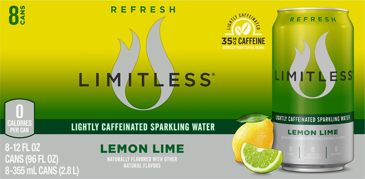 slide 1 of 5, LIMITLESS Refresh Lightly Caffeinated Sparkling Water, Lemon Lime, 12 Fl oz Cans, 8 Pack, 8 ct