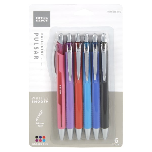 slide 1 of 8, Office Depot Brand Pulsar Advanced Ink Ballpoint Pens, Conical/Medium Point, 0.8 Mm, Fashion Assorted Barrel Colors, Assorted Ink Colors, Pack Of 6, 6 ct