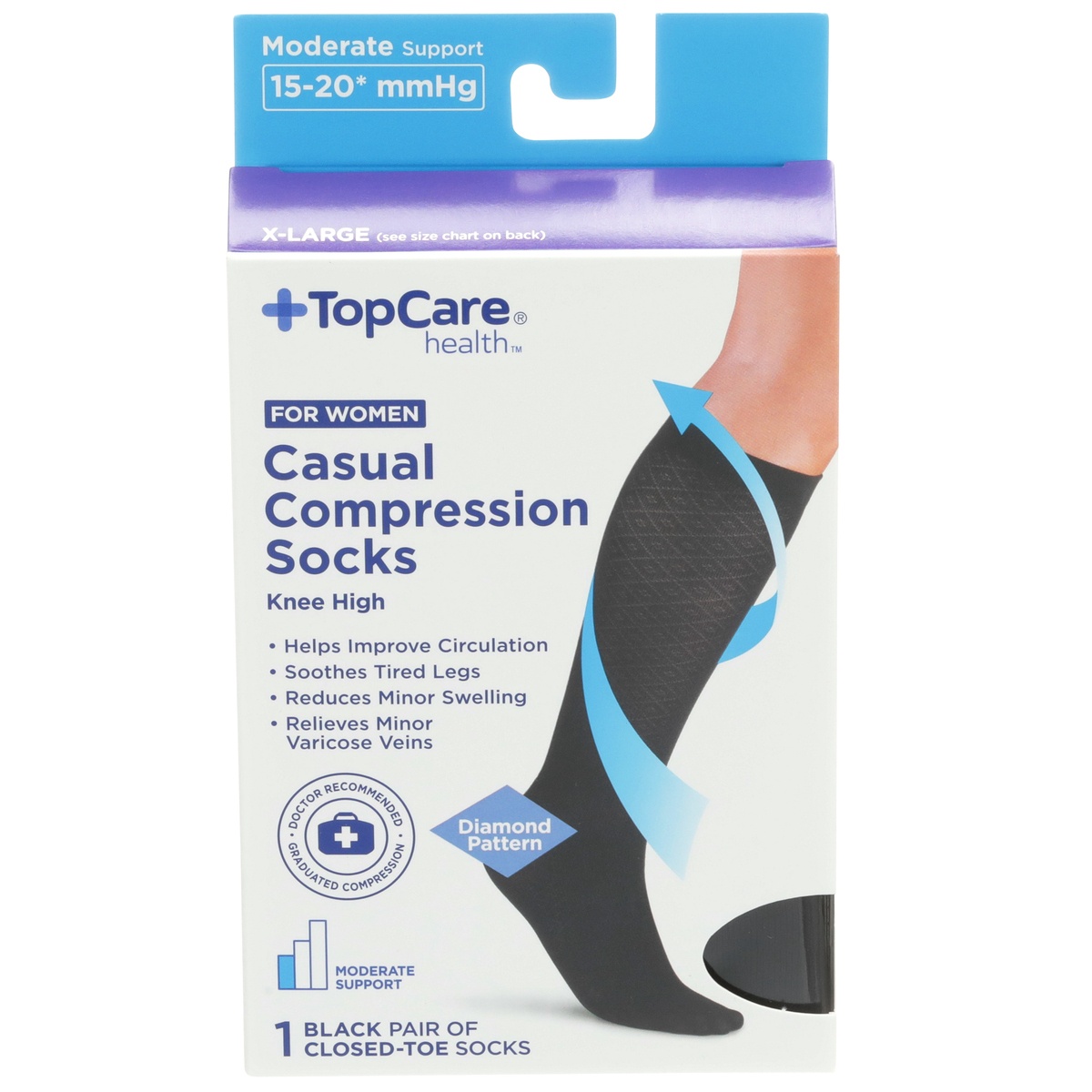 slide 1 of 1, TopCare Health Women Casual Compression Socks Knee High X-Large Black, 1 pair