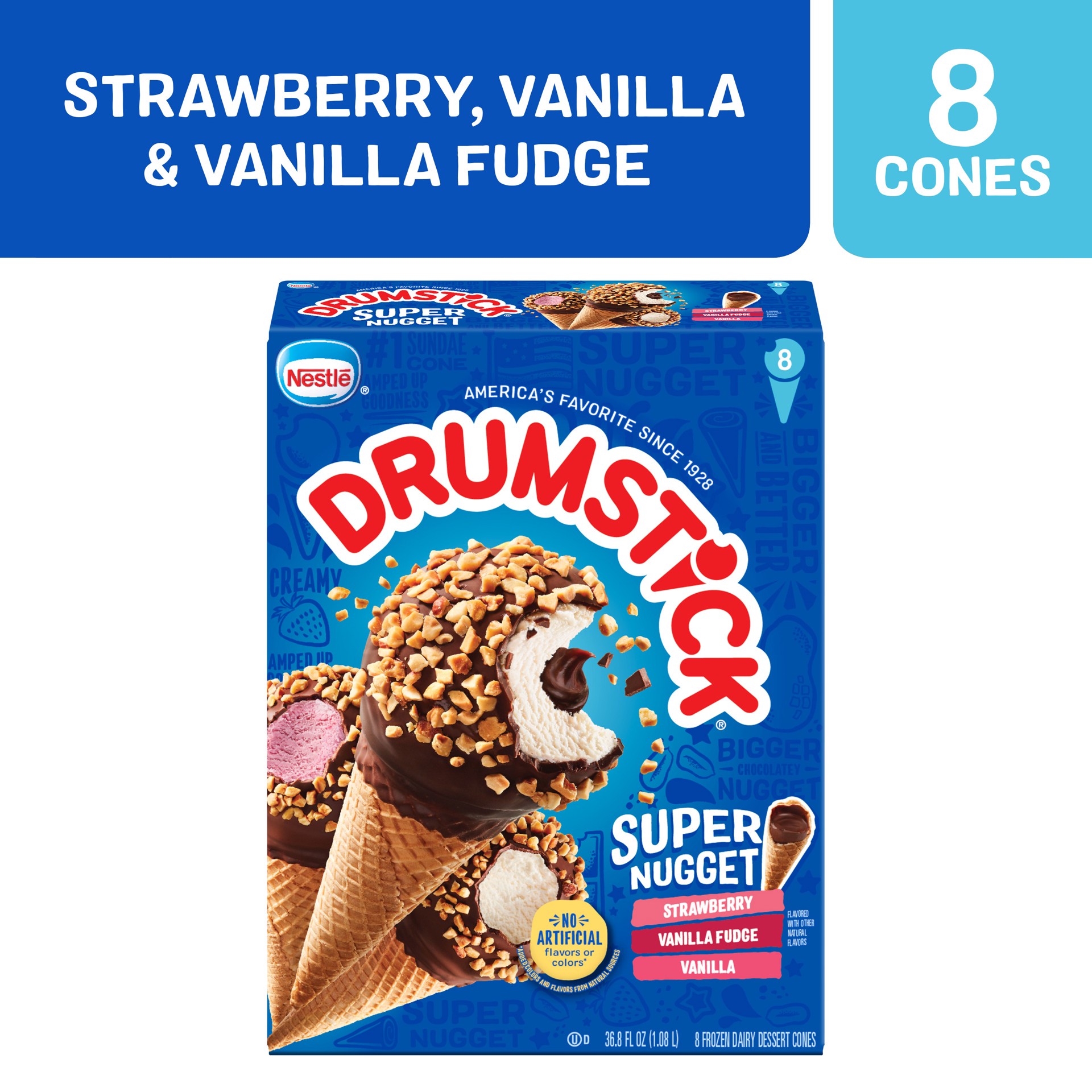 slide 5 of 5, Drumstick Super Nugget Strawberry/Vanilla Fudge/Vanilla Dessert Cones 8 ea, 8 ct