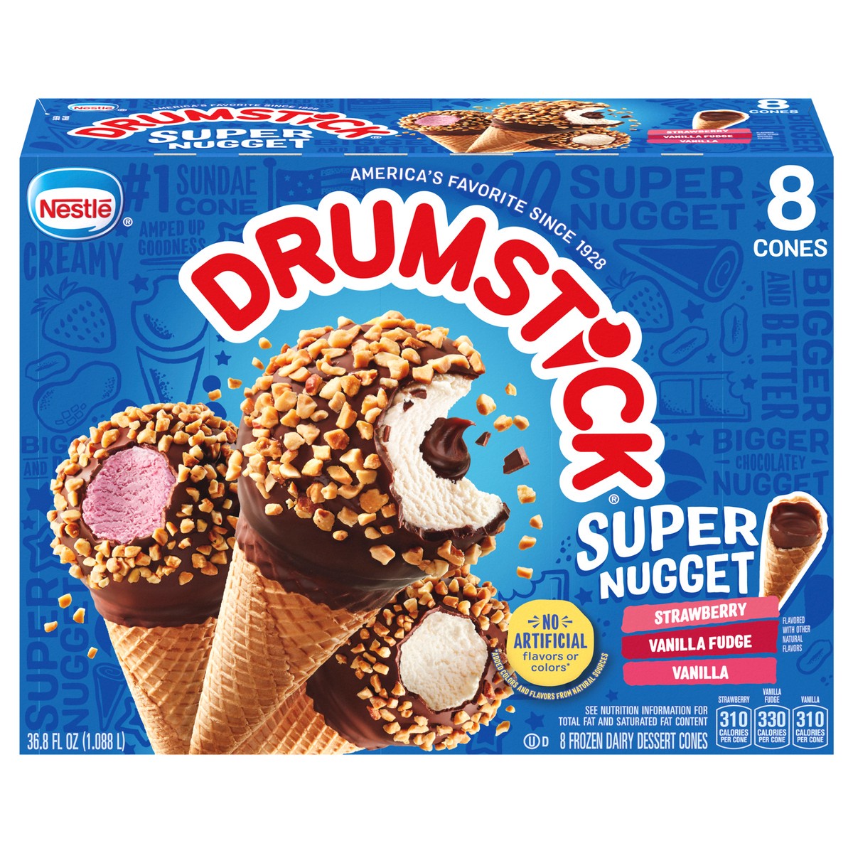 slide 1 of 5, Drumstick Super Nugget Vanilla, Vanilla Fudge, Strawberry Cones Variety Pack, 8 Count, 8 ct