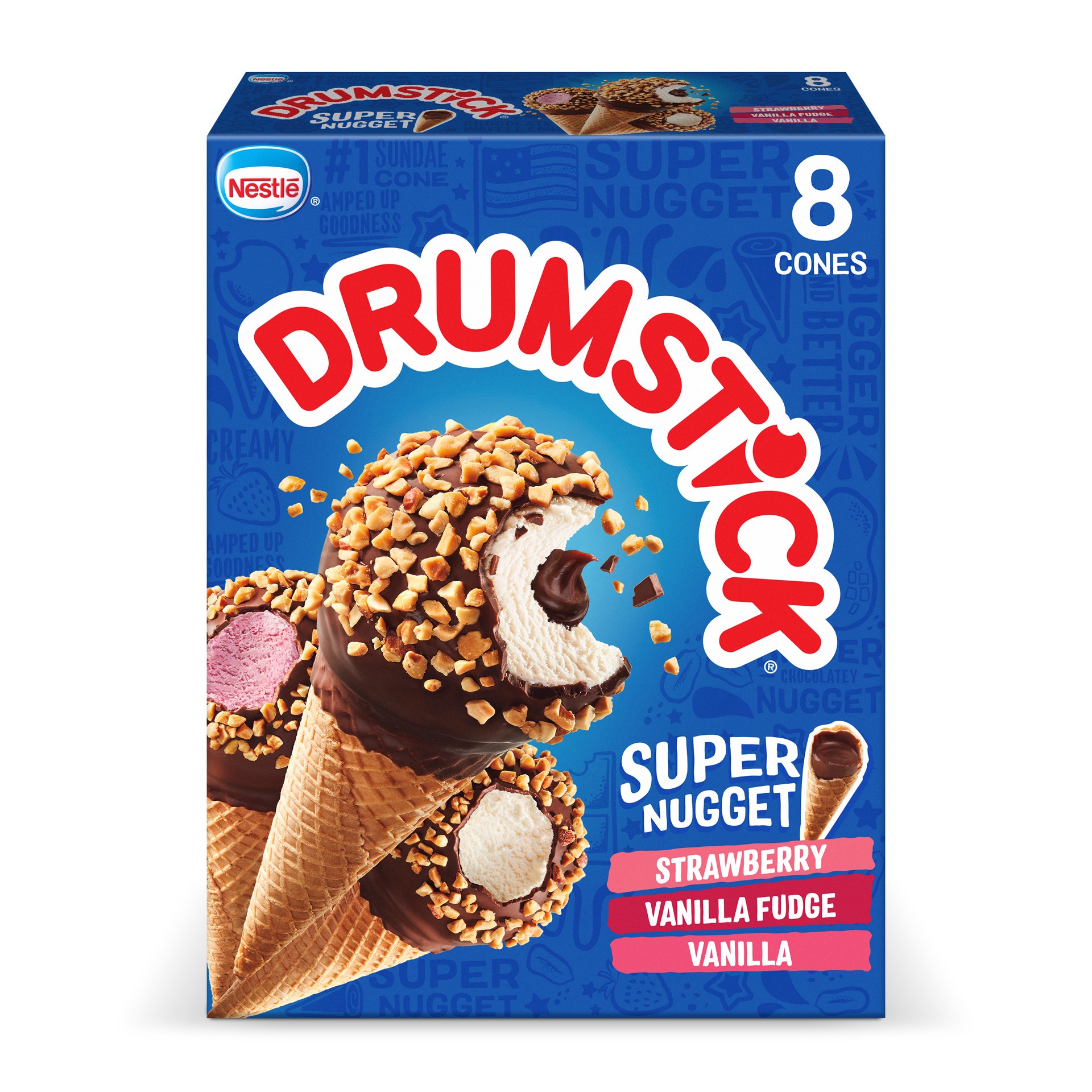 slide 1 of 5, Drumstick Super Nugget Vanilla, Vanilla Fudge, Strawberry Cones Variety Pack, 8 Count, 8 ct