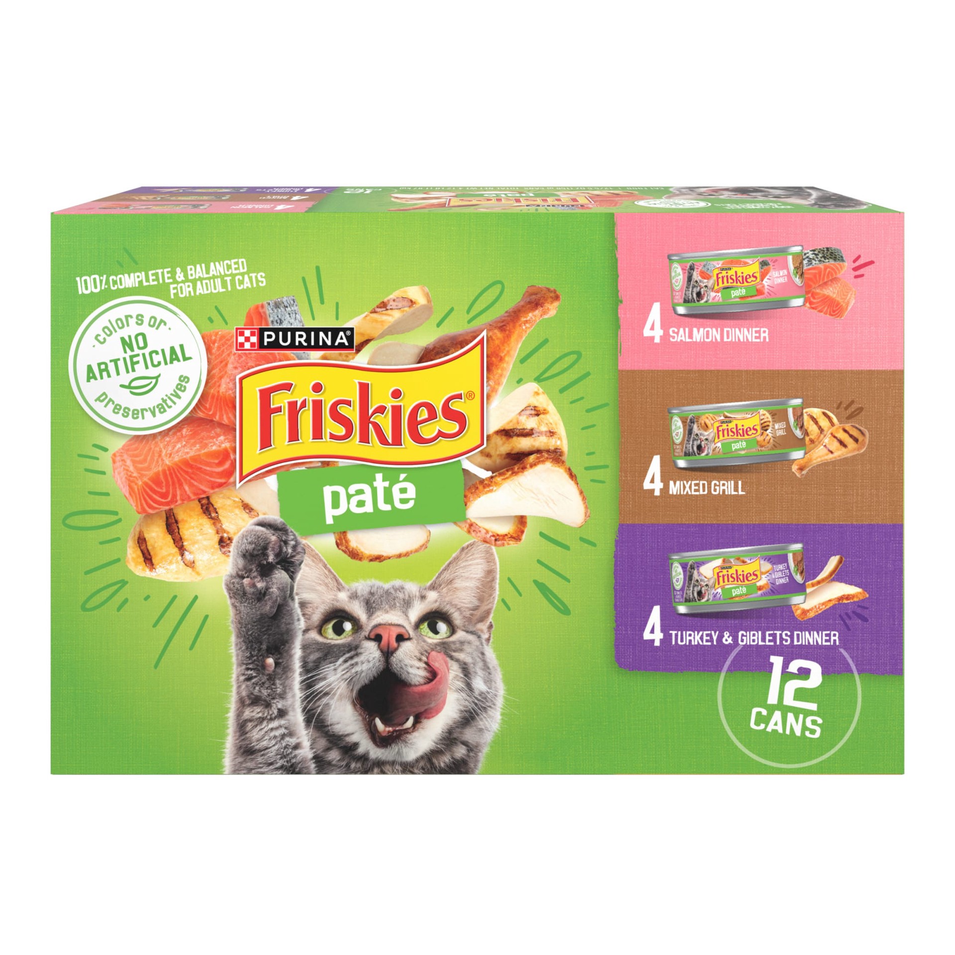 slide 1 of 7, Friskies Purina Friskies Pate Wet Cat Food Pate Variety Pack Salmon Dinner, Turkey and Giblets and Mixed Grill, 4.12 lb