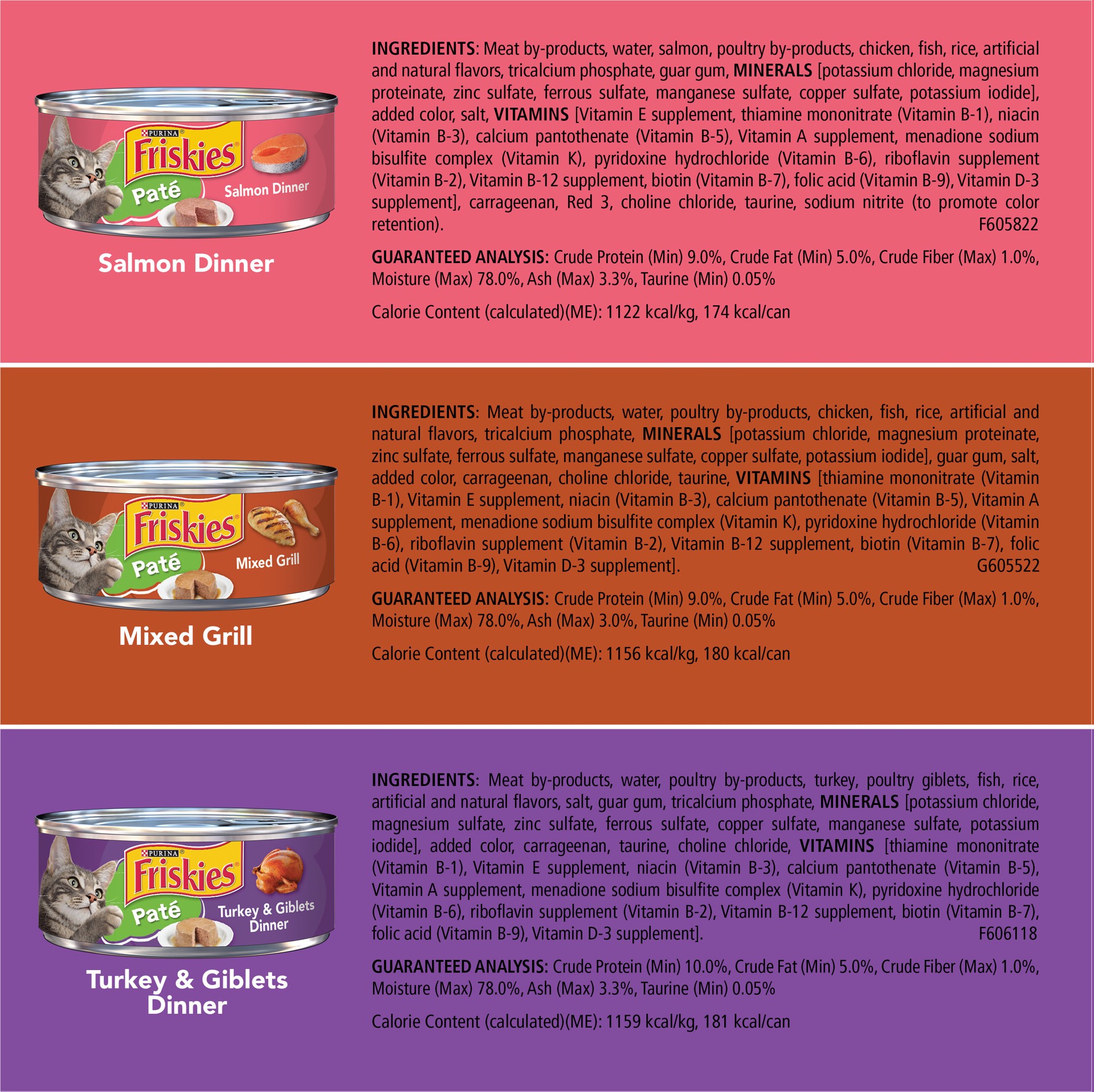 slide 7 of 7, Friskies Purina Friskies Pate Wet Cat Food Pate Variety Pack Salmon Dinner, Turkey and Giblets and Mixed Grill, 4.12 lb