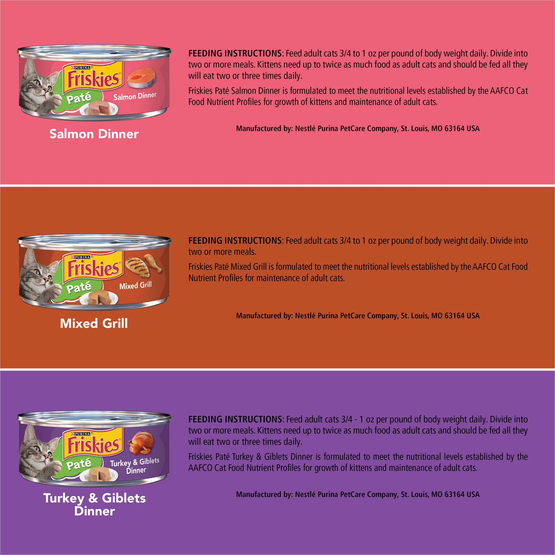 slide 2 of 7, Friskies Purina Friskies Pate Wet Cat Food Pate Variety Pack Salmon Dinner, Turkey and Giblets and Mixed Grill, 4.12 lb