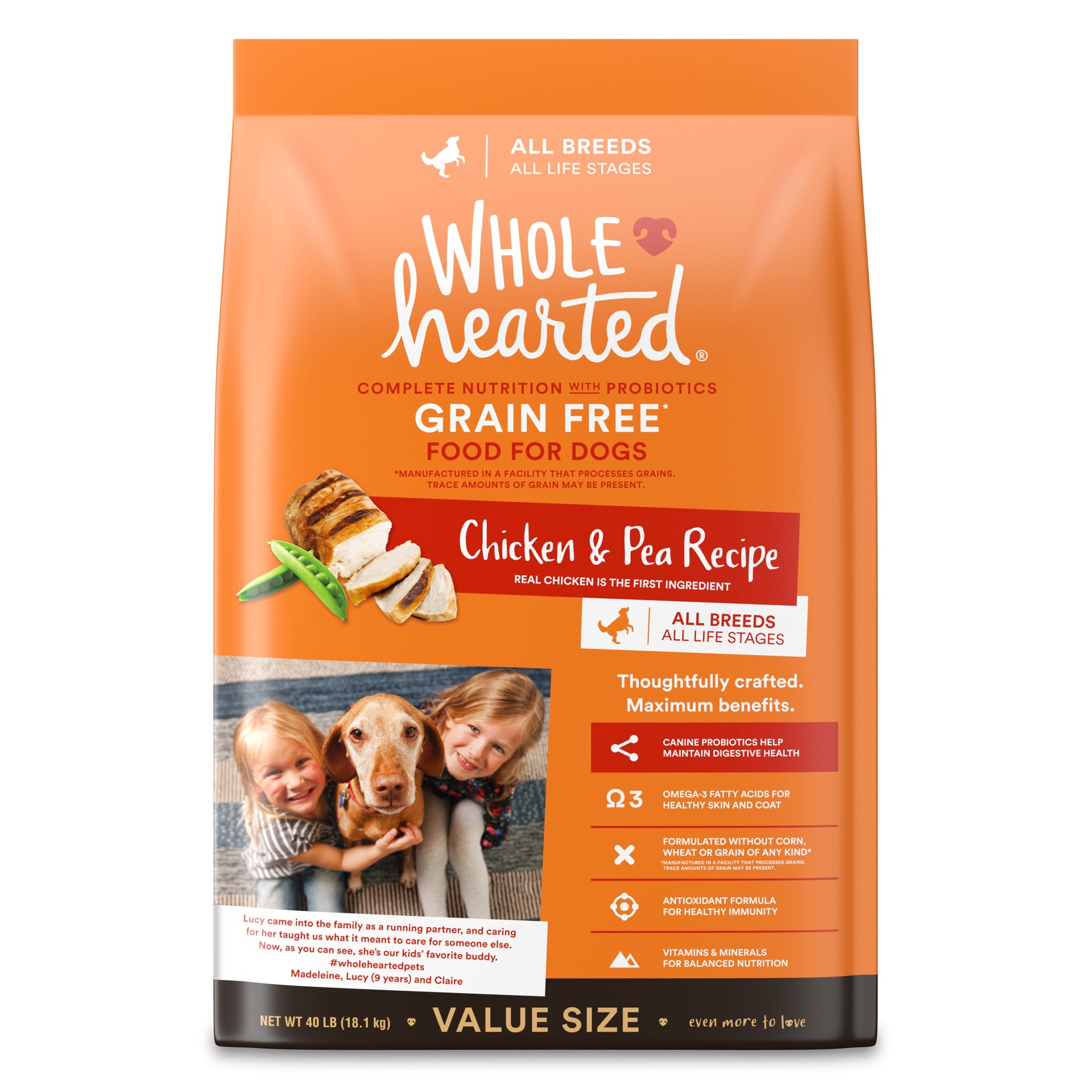slide 1 of 1, WholeHearted Grain Free All Life Stages Chicken & Pea Recipe Dry Dog Food, 40 lbs., 1 ct