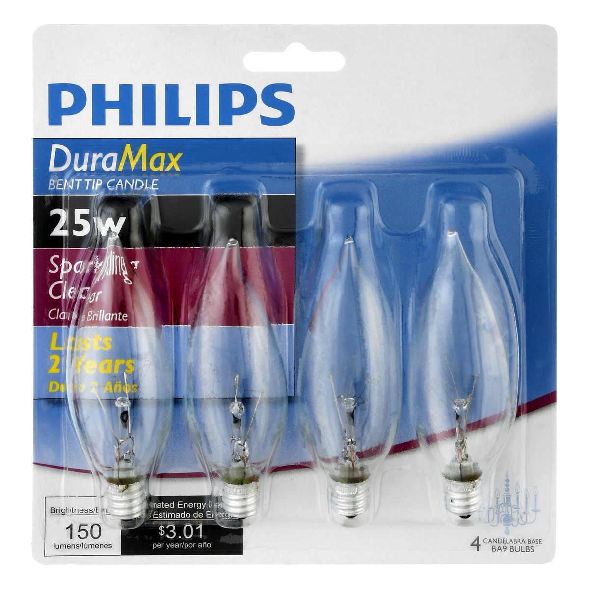 slide 1 of 10, Philips DuraMax 25 Watts Sparkling Clear Candelabra Bent Tip Light Bulbs 4 ea, 4 ct