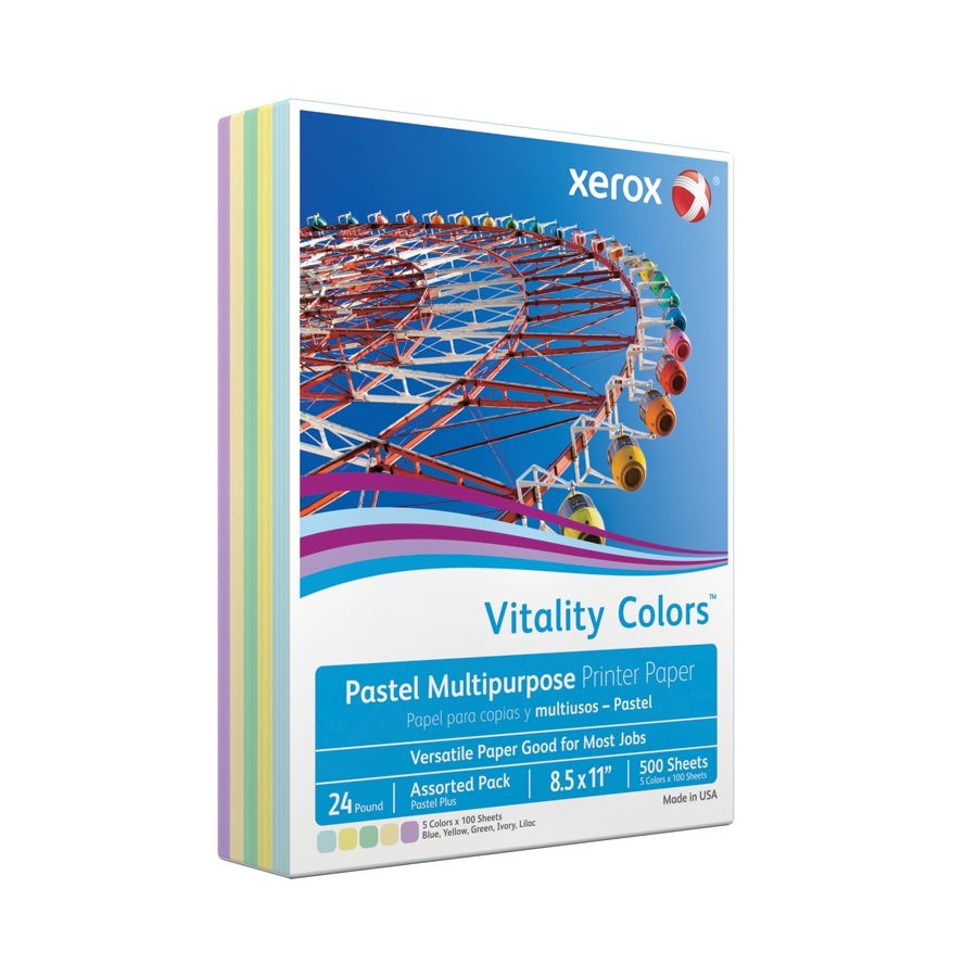 slide 2 of 3, Xerox Vitality Colors Pastel Plus Multi-Use Printer Paper, Letter Size (8 1/2'' X 11''), 24 Lb, 30% Recycled, Assorted, Ream Of 500 Sheets, 500 ct