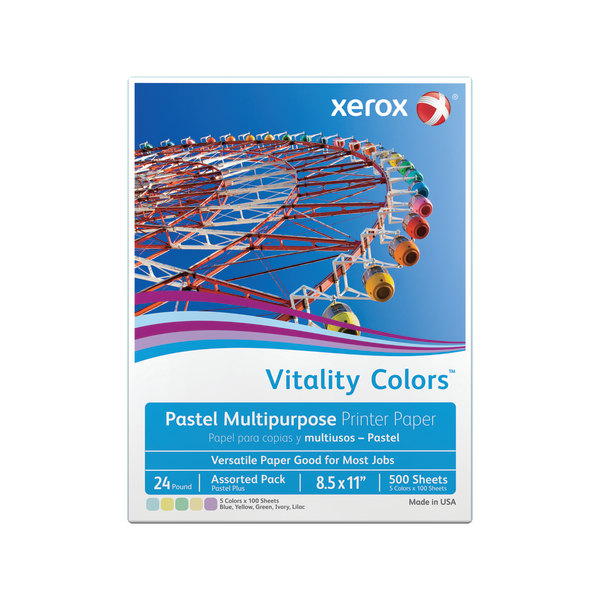slide 1 of 3, Xerox Vitality Colors Pastel Plus Multi-Use Printer Paper, Letter Size (8 1/2'' X 11''), 24 Lb, 30% Recycled, Assorted, Ream Of 500 Sheets, 500 ct