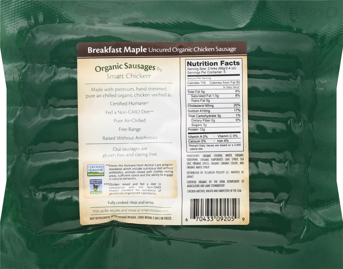 slide 9 of 10, Smart Chicken Tecumseh Farms Organic Breakfast Maple Uncured Chicken Sausage, 12 oz