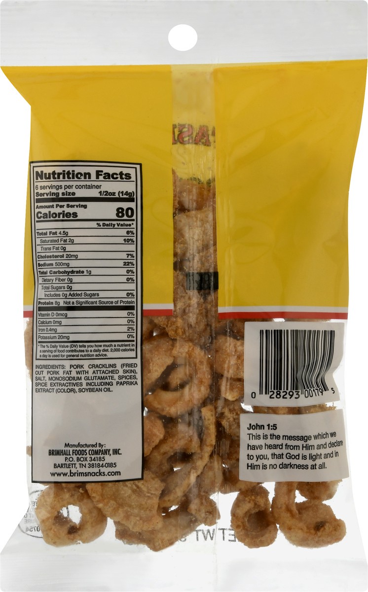 slide 4 of 13, Brim's Old-Fashioned Seasoned Pork Cracklin Strips 3 oz, 3.125 oz