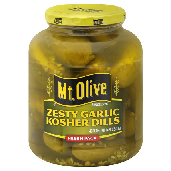 slide 1 of 1, Mt. Olive Pickles Jalapenos Mt Olive, Kosher Dills, Zesty Garlic, Fresh Pack, 46 oz
