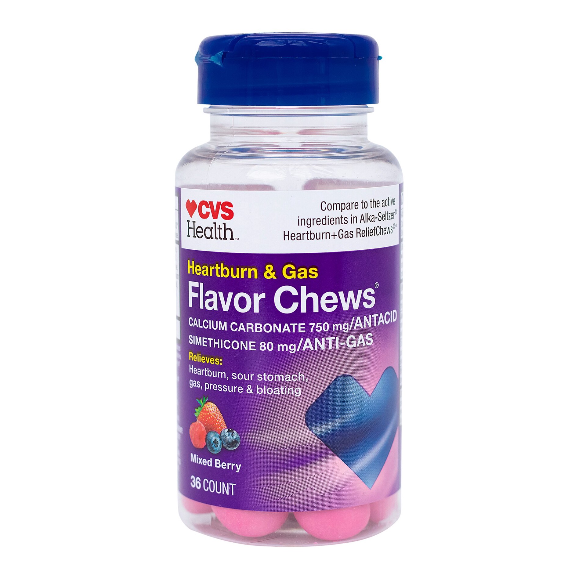 slide 1 of 8, CVS Health Heartburn & Anti-Gas Flavor Chews, Mixed Berry, 36 Ct, 36 ct