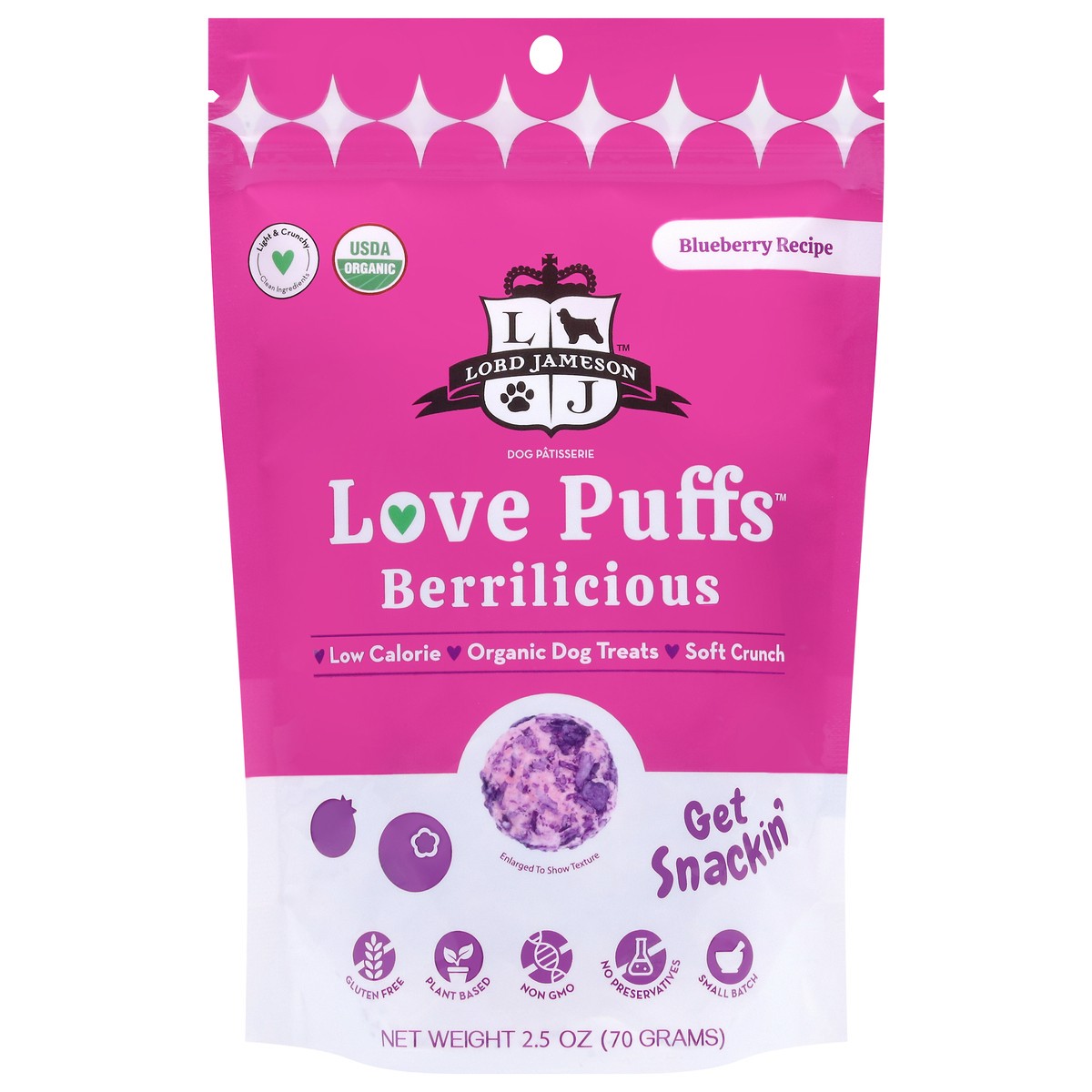 slide 1 of 16, Lord Jameson Love Puffs Organic Blueberry Recipe Berrilicious Dog Treats 2.5 oz, 2.5 oz