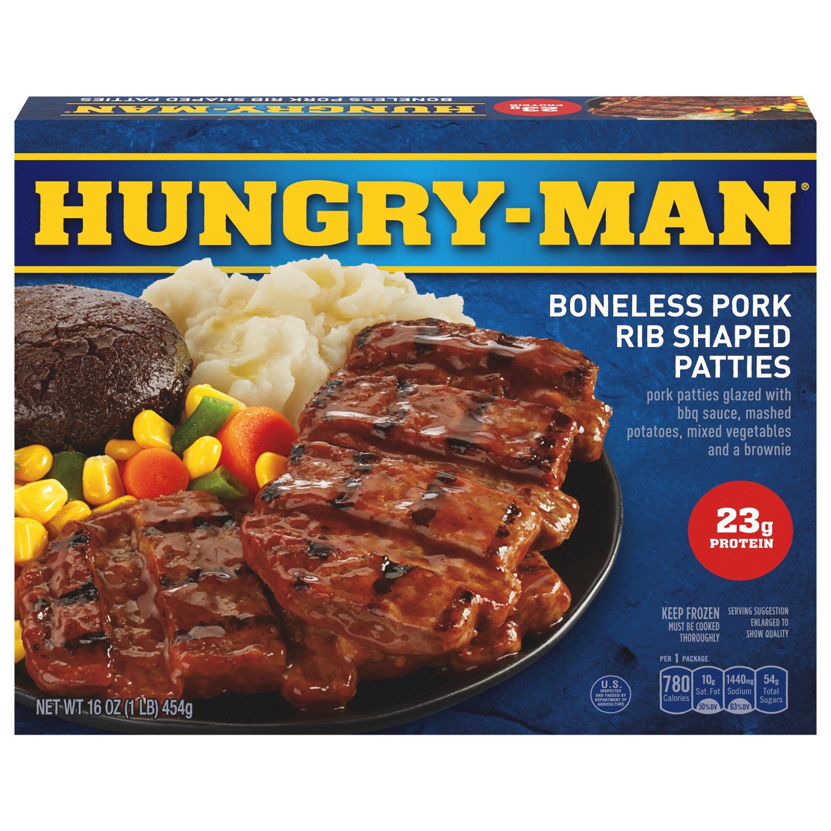 slide 1 of 5, Hungry-Man Boneless Rib Shaped Pork Patties, Frozen Meal, 16 oz, 16 fl oz