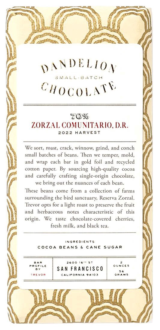 slide 1 of 1, Dandelion Chocolate Zorzal Comunitario, Dominican Republic 70% Chocolate Bar, 2 oz