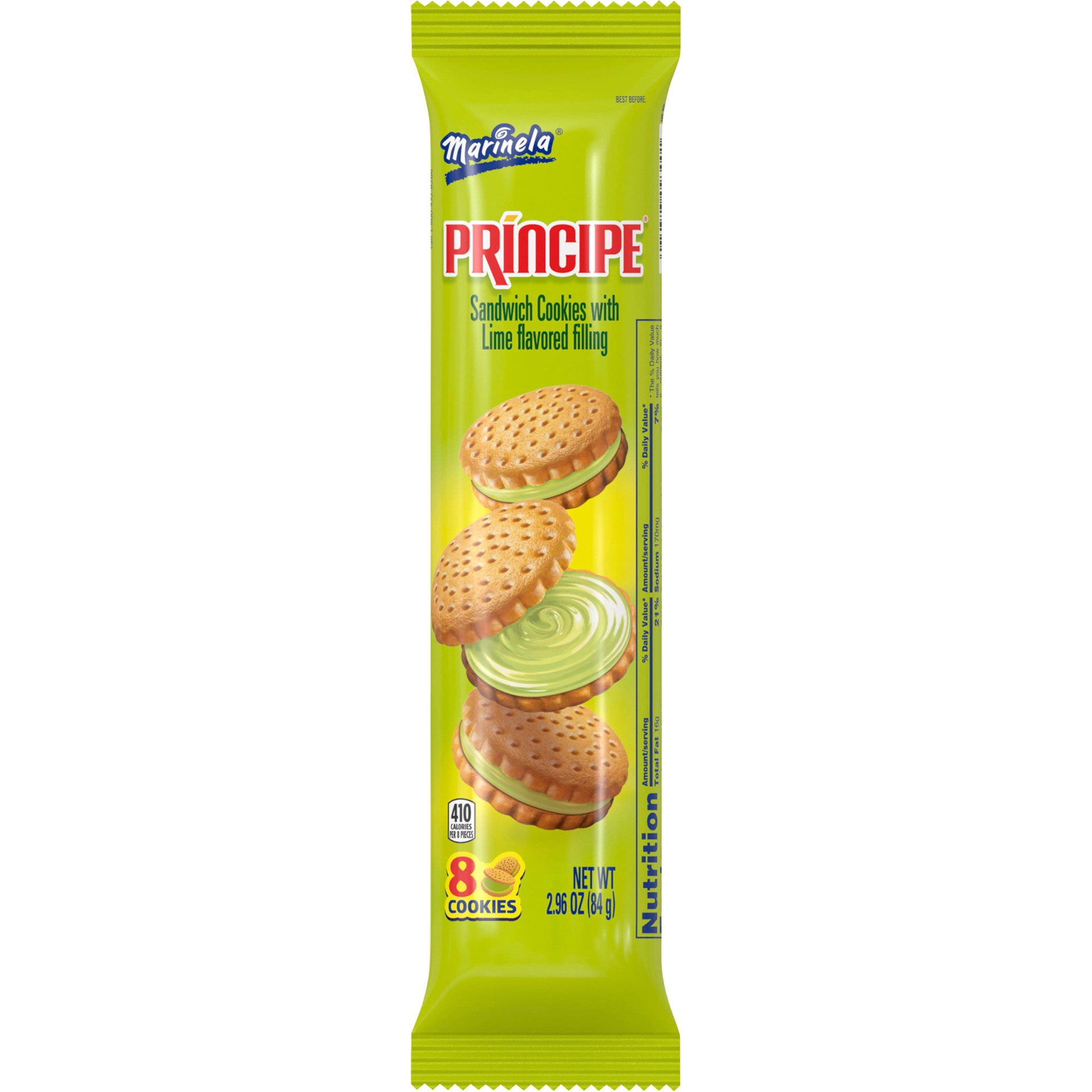 slide 1 of 9, Marinela Principe Lime Flavored Sandwich Cookies, 8 count, Cookies, 2.96 oz Bag, 8 ct