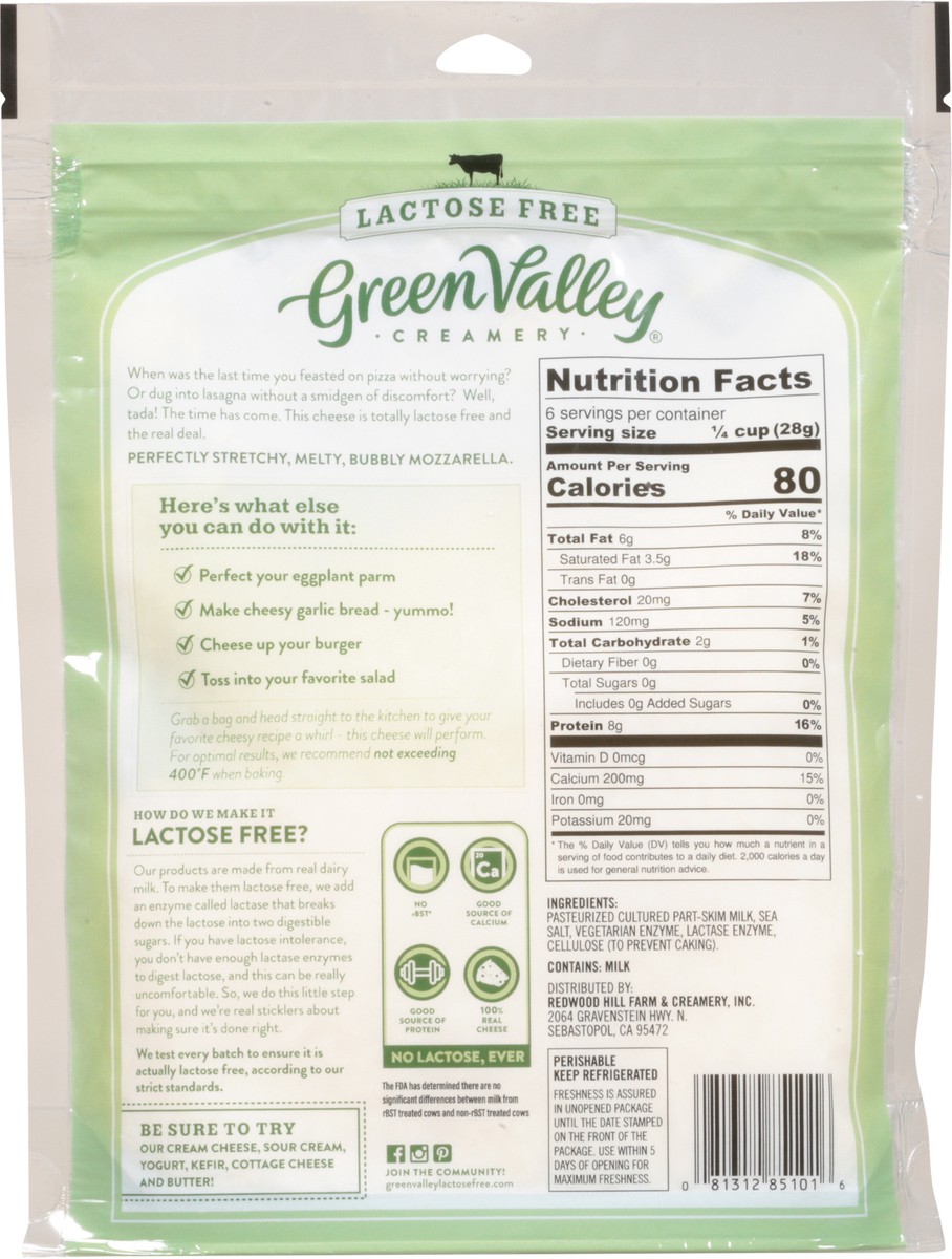 slide 6 of 9, Green Valley Organics Creamery Low-Moisture Part-Skim Lactose Free Mozzarella Shredded Cheese 6 oz, 6 oz