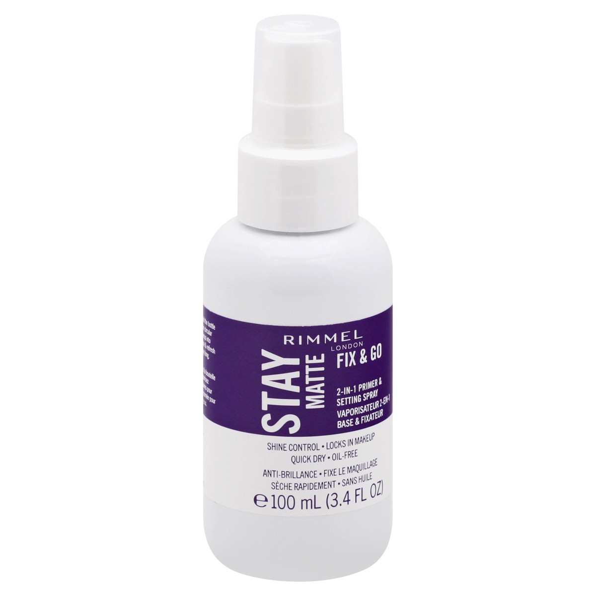 slide 6 of 9, COTY RIMMEL LONDON Rimmel London Stay Matte Fix & Go - 001 Transparent - 2-in-1 Primer & Setting Spray, Oil-Free, Locks Makeup into Place, Soothes Skin, 3.4oz, 100 ml