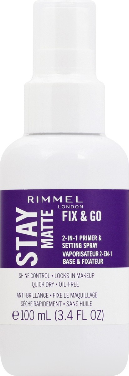 slide 5 of 9, COTY RIMMEL LONDON Rimmel London Stay Matte Fix & Go - 001 Transparent - 2-in-1 Primer & Setting Spray, Oil-Free, Locks Makeup into Place, Soothes Skin, 3.4oz, 100 ml