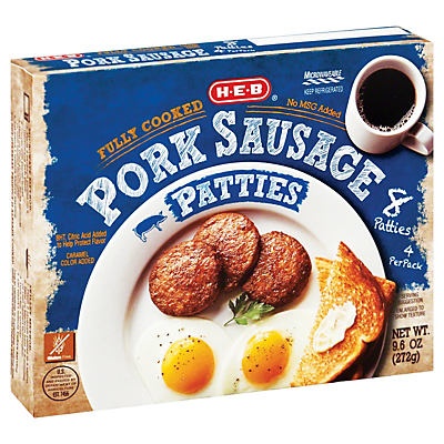 slide 1 of 1, H-E-B Fully Cooked Pork Sausage Patties, 9.6 oz