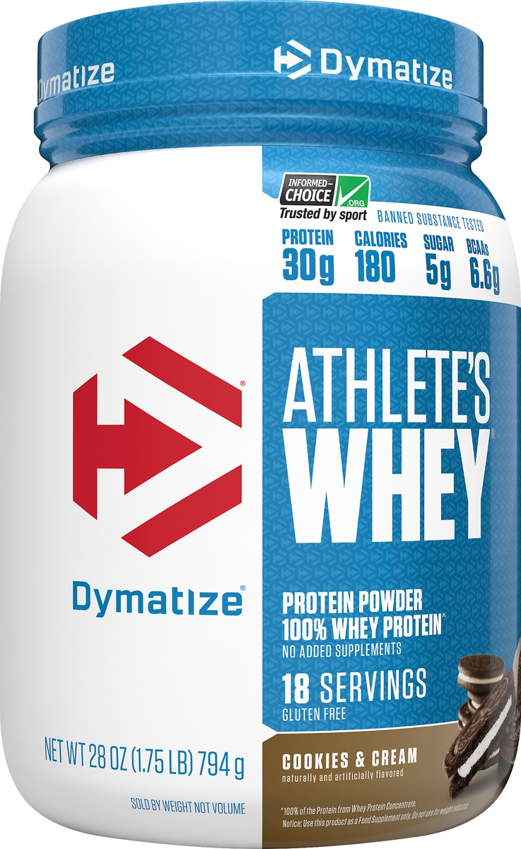 slide 5 of 5, Dymatize Athlete's Whey Cookies & Cream Protien Powder, 1.75 lb