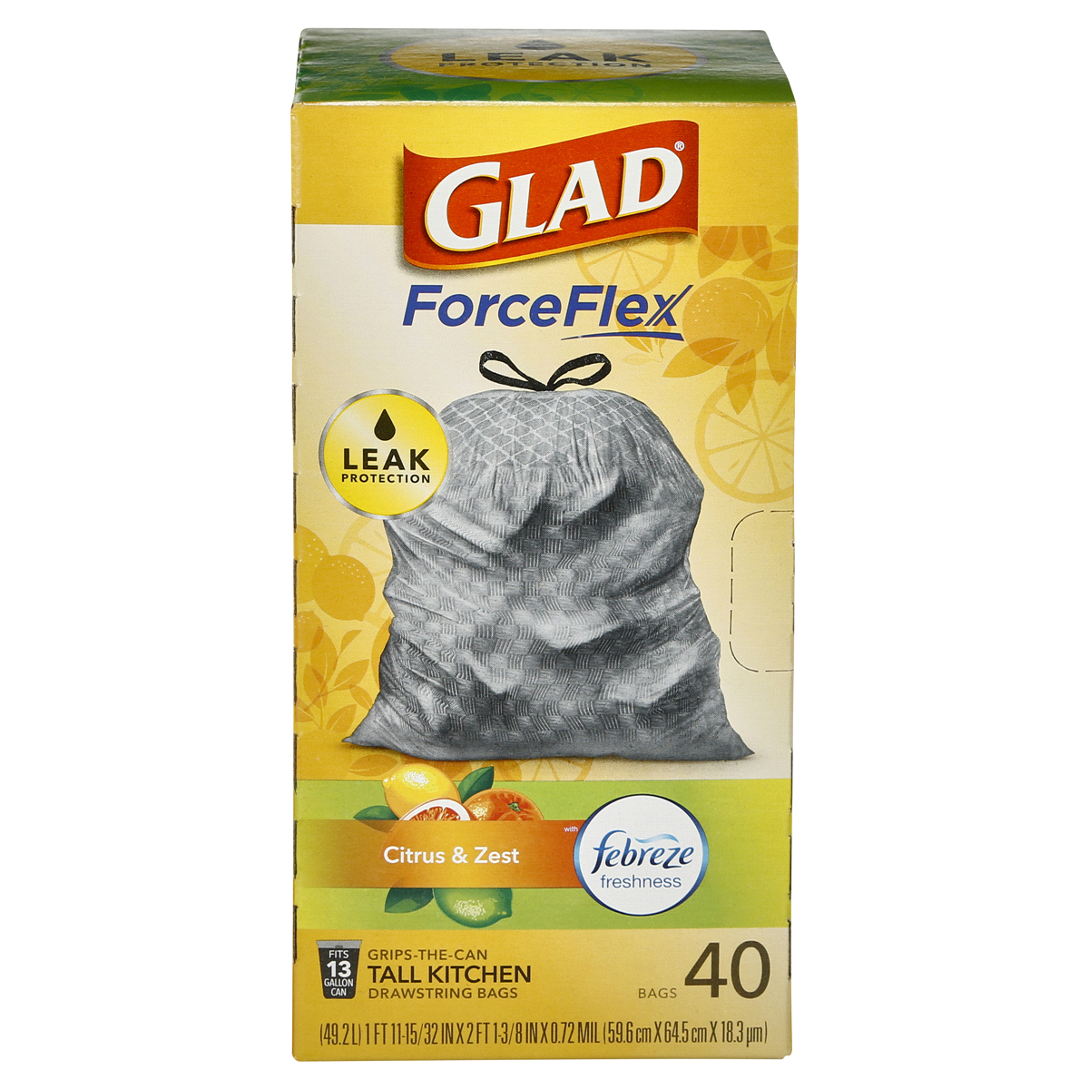 slide 1 of 1, Glad OdorShield Tall Kitchen Drawstring Trash Bags, Febreze Lemon Scent, 1 ct