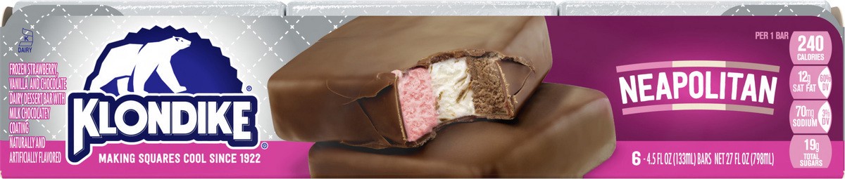 slide 5 of 5, Klondike Frozen Dairy Dessert Bars Neapolitan, 4.5 fl oz, 6 Count , 6 ct; 27 fl oz