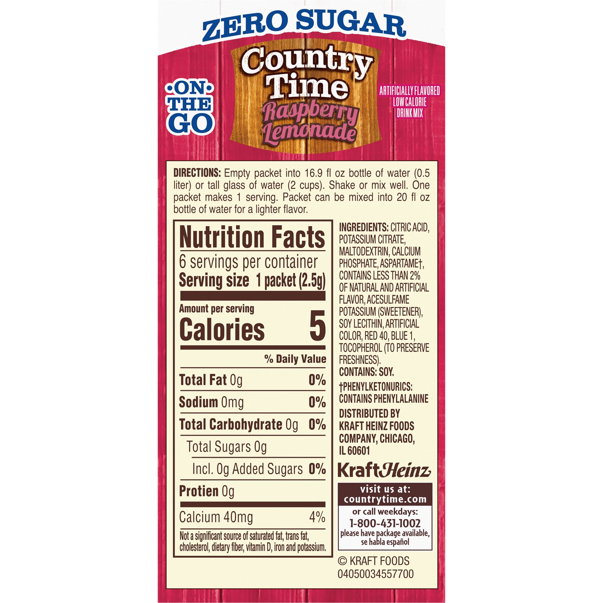 slide 4 of 5, Country Time Zero Sugar Raspberry Lemonade Powdered Drink Mix, 6 ct On-the-Go Packets, 8 per Case, 6 ct