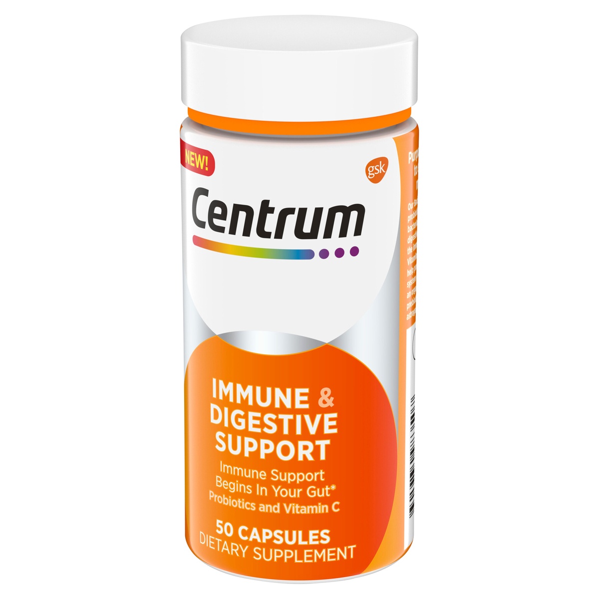 slide 6 of 9, Centrum Immune & Digestive Support, Probiotic Supplement with Vitamin C, Zinc, Organic Botanical Blend, Bacillus Coagulans for Immune Support - 50 Capsules, 50 ct