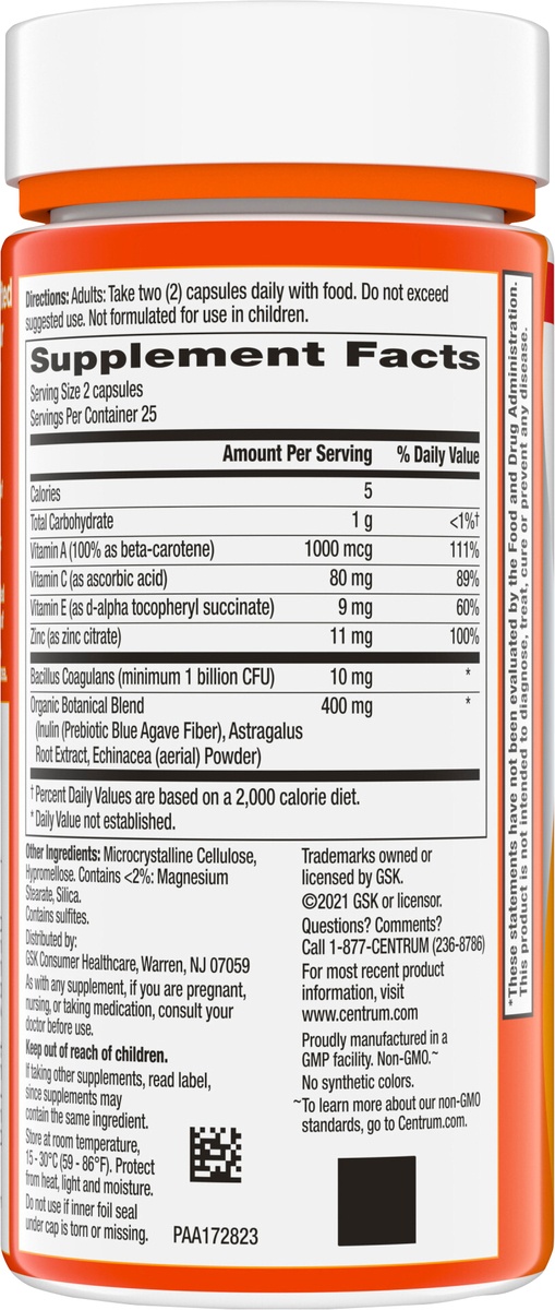 slide 5 of 9, Centrum Immune & Digestive Support, Probiotic Supplement with Vitamin C, Zinc, Organic Botanical Blend, Bacillus Coagulans for Immune Support - 50 Capsules, 50 ct