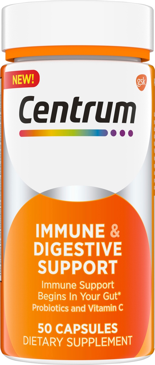 slide 3 of 9, Centrum Immune & Digestive Support, Probiotic Supplement with Vitamin C, Zinc, Organic Botanical Blend, Bacillus Coagulans for Immune Support - 50 Capsules, 50 ct