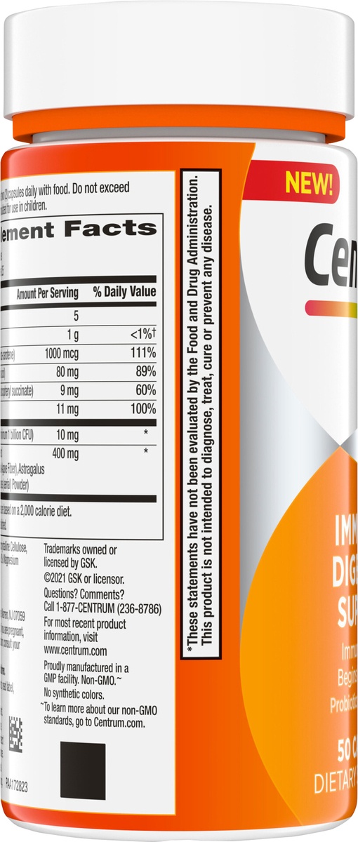 slide 4 of 9, Centrum Immune & Digestive Support, Probiotic Supplement with Vitamin C, Zinc, Organic Botanical Blend, Bacillus Coagulans for Immune Support - 50 Capsules, 50 ct