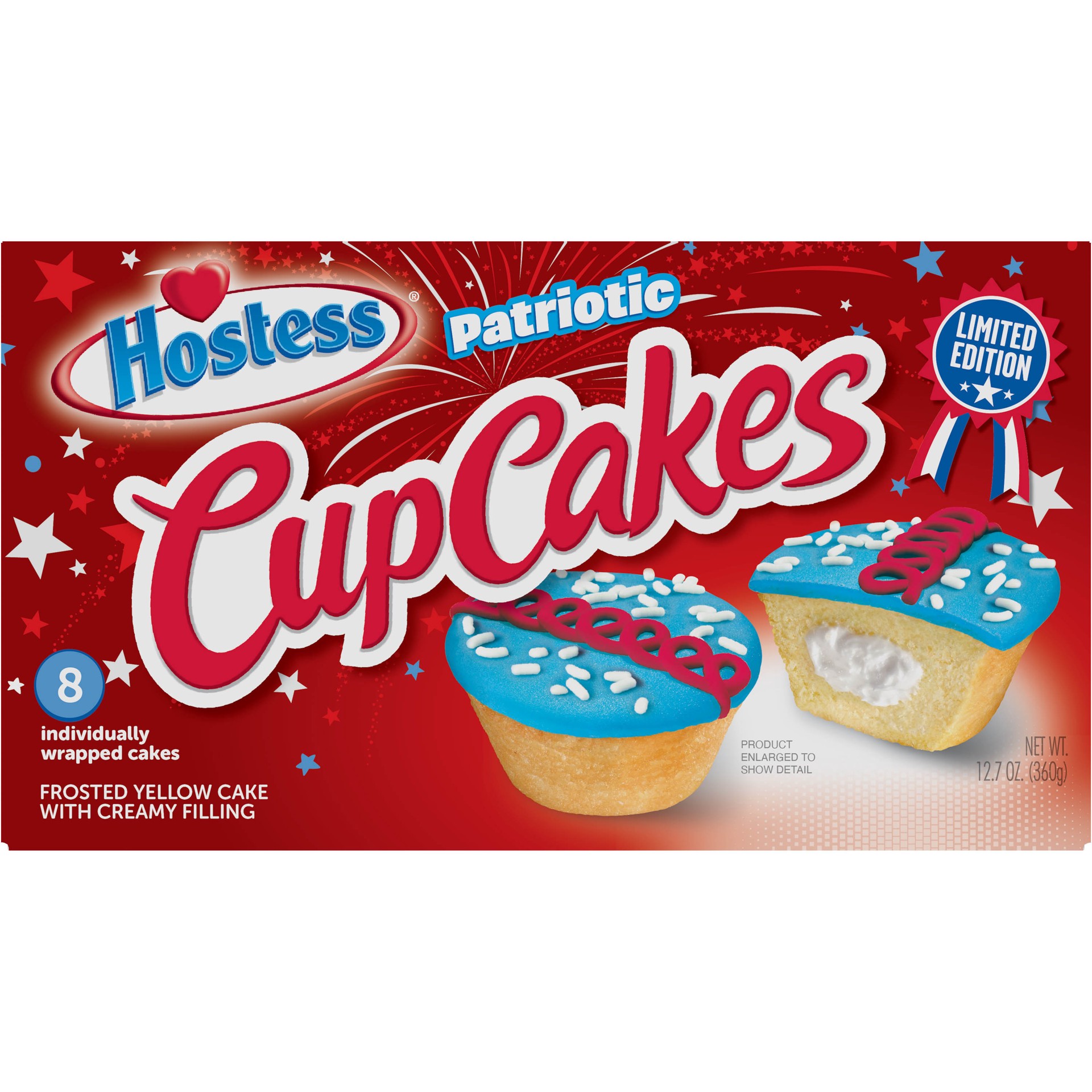 slide 1 of 9, HOSTESS Patriotic Cupcakes, Creamy Filling, 8 Count, 12.7 oz, 12.7 oz