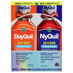 Vicks DayQuil and NyQuil SEVERE Cold & Flu Medicine, Powerful, Multi-Symptom Relief for Headache, Fever, Sore Throat, Minor Aches and Pains, Nasal Congestion, Sinus Pressure, Stuffy Nose, and Cough, Combo Pack, 2 x 12 oz Bottles, 1 NyQuil, 1 DayQuil