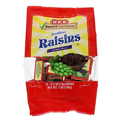 slide 1 of 1, H-E-B California Sweet Raisins Mini Boxes, 14 ct; 0.5 oz