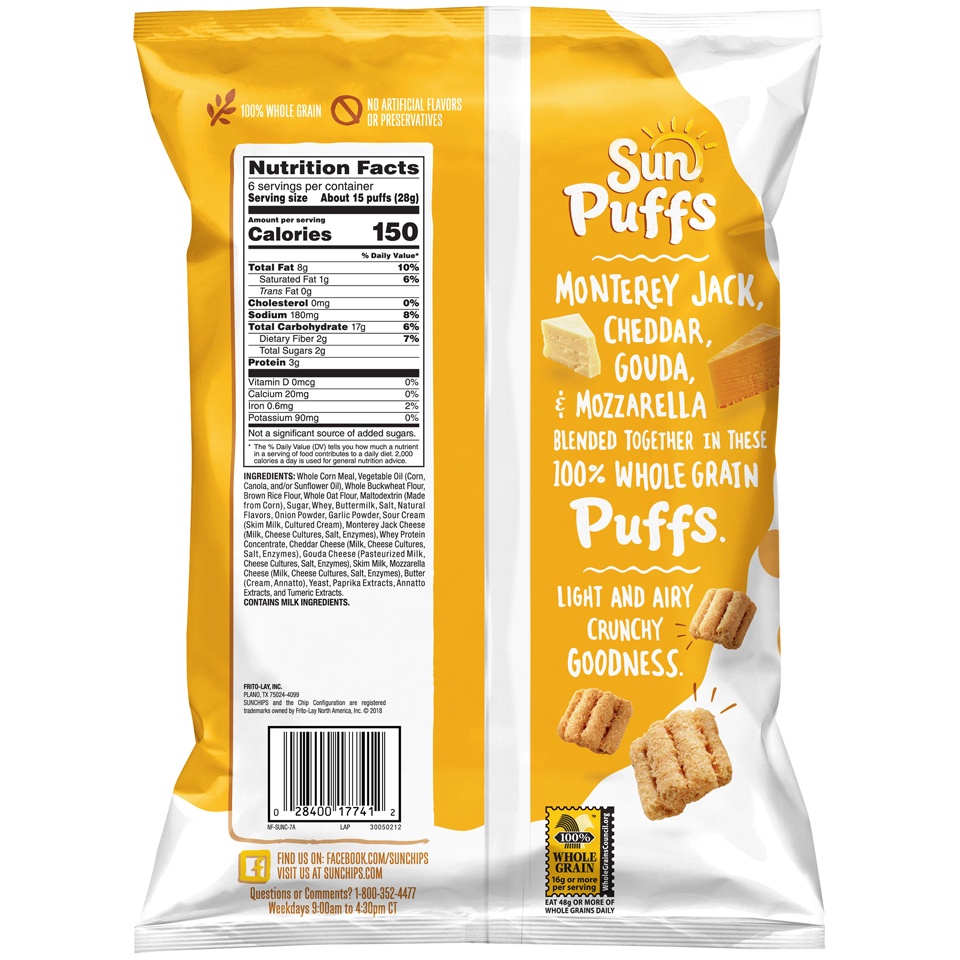 slide 3 of 4, SunChips Sun Puffs Whole Grain Snacks Four Cheese, 6 oz