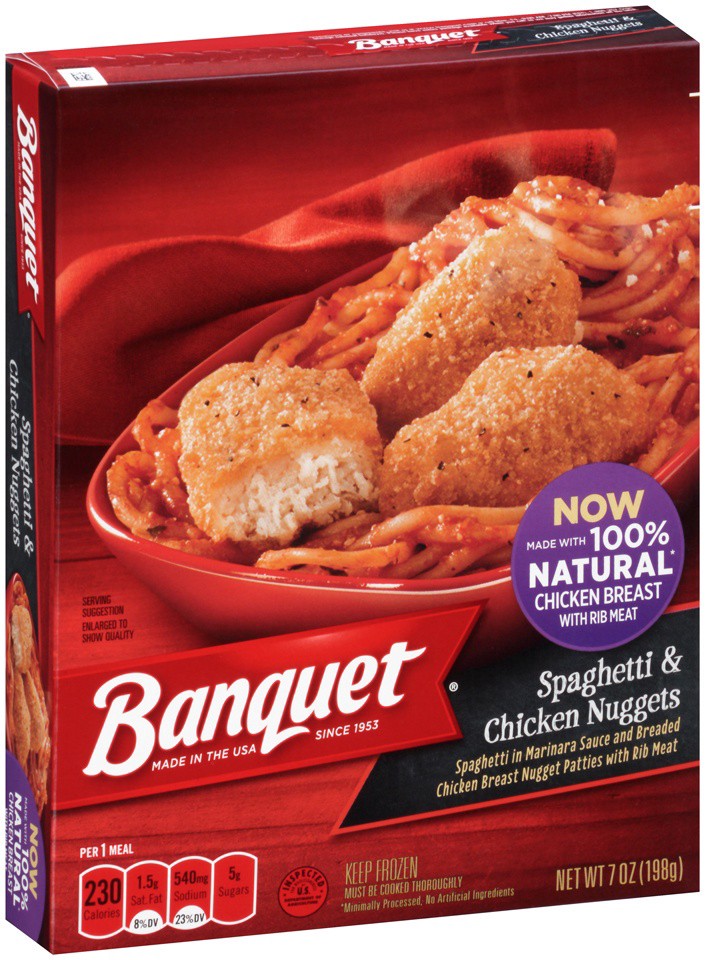 slide 1 of 1, Banquet Spaghetti & Chicken Nuggets, 7 oz
