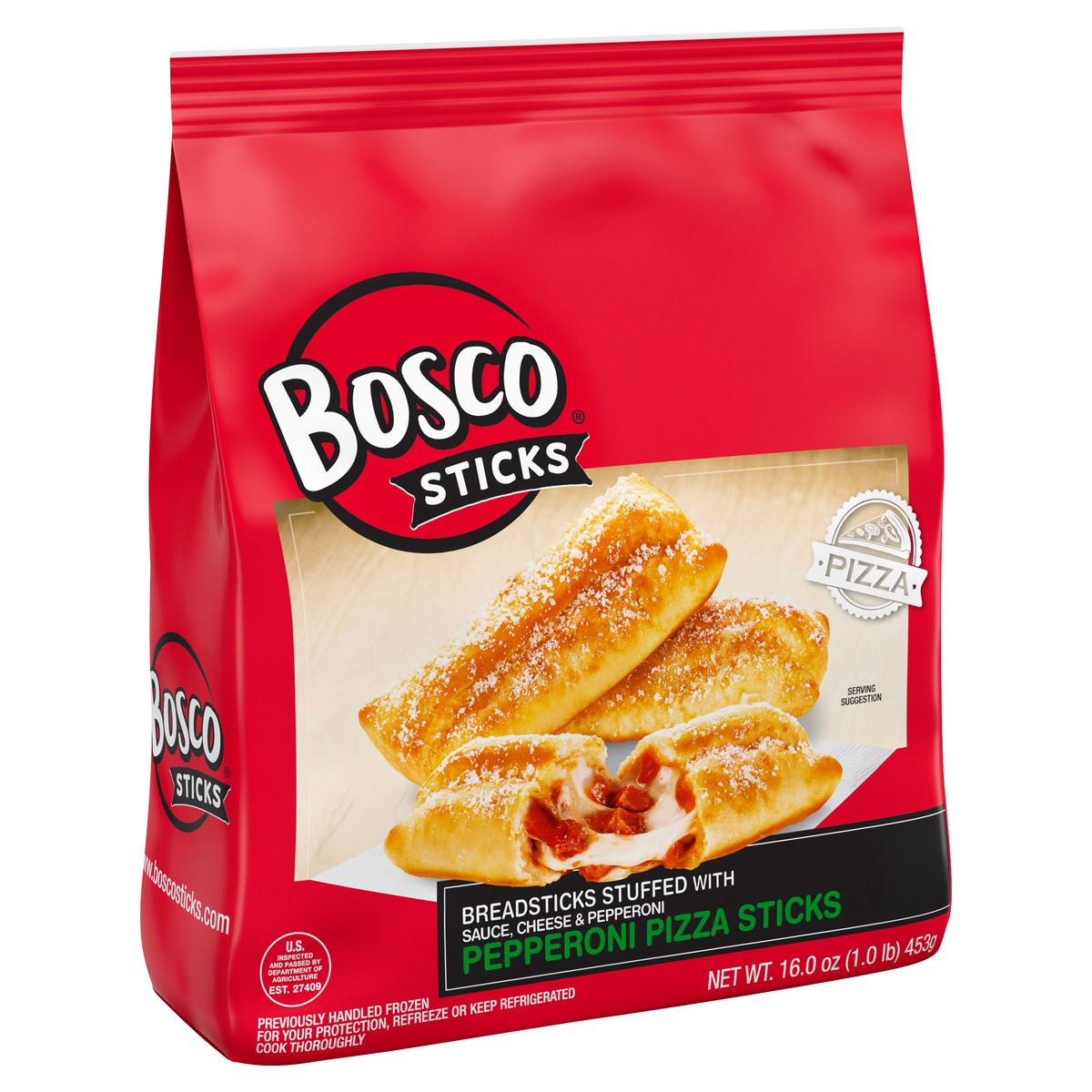 slide 1 of 8, BOSCOS PIZZA Bosco Pepperoni Pizza Stuffed Breadsticks, 14 oz (Frozen), 396.89 g