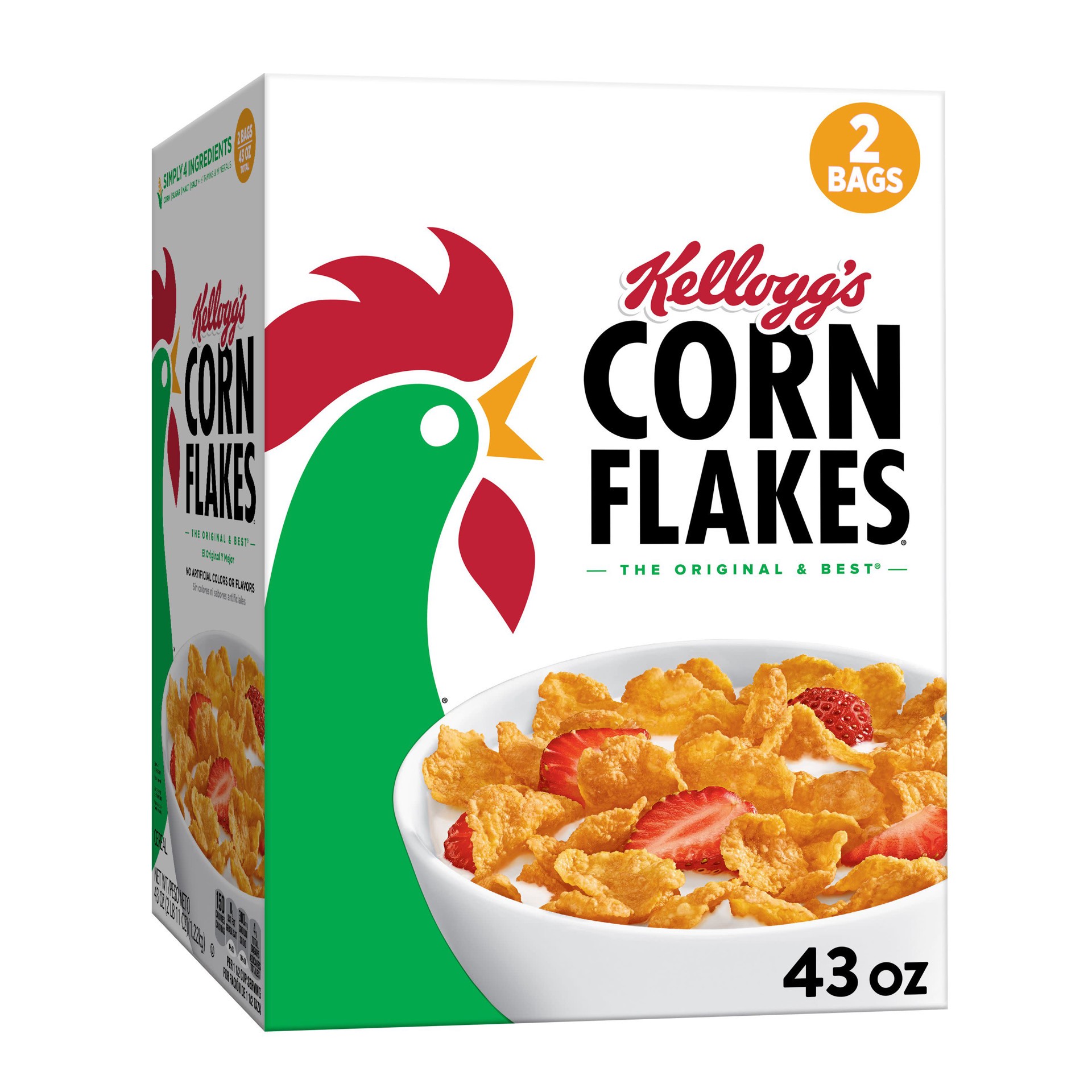 slide 1 of 5, Corn Flakes Kellogg's Corn Flakes Breakfast Cereal, Kids Cereal, Family Breakfast, Original, 43oz Box, 2 Bags, 43 oz