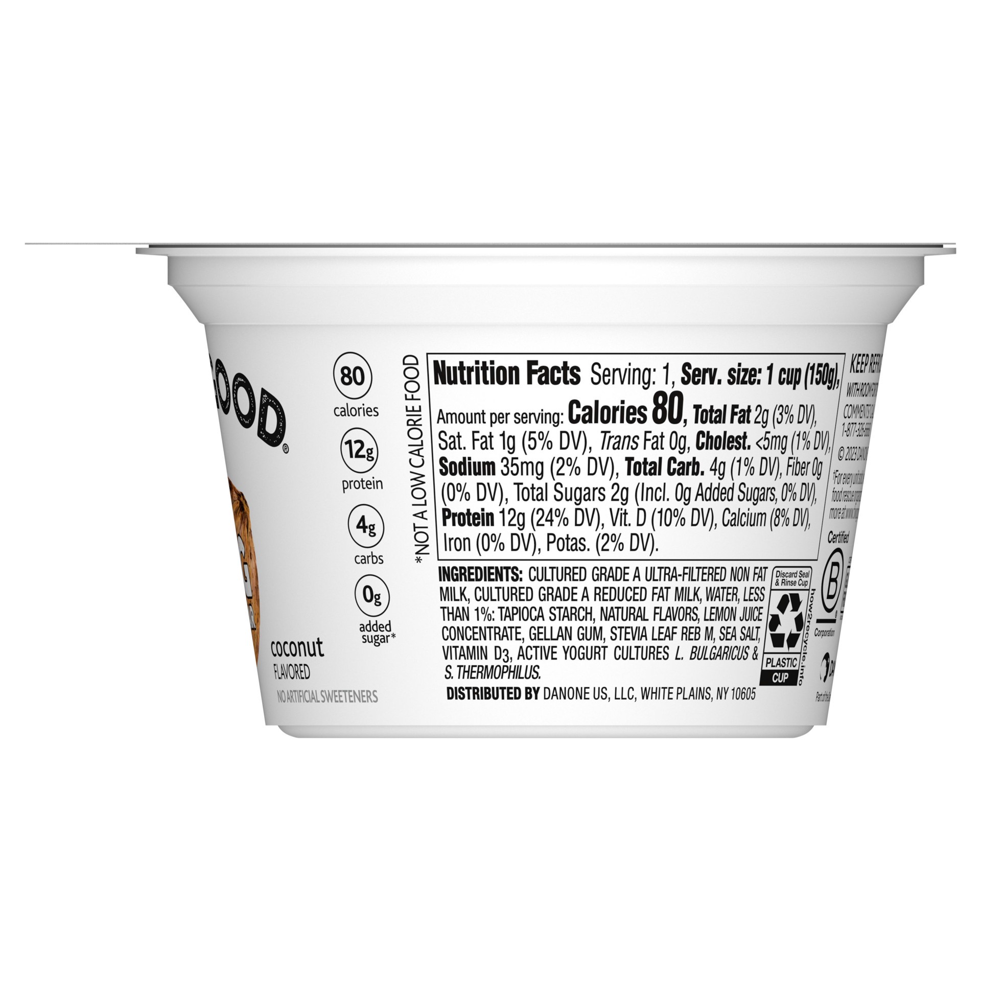 slide 3 of 4, Too Good & Co. Coconut Flavored Lower Sugar, Low Fat Greek Yogurt Cultured Product, Gluten Free, Keto Friendly Healthy Snacks, 5.3 OZ Cup, 5.3 oz