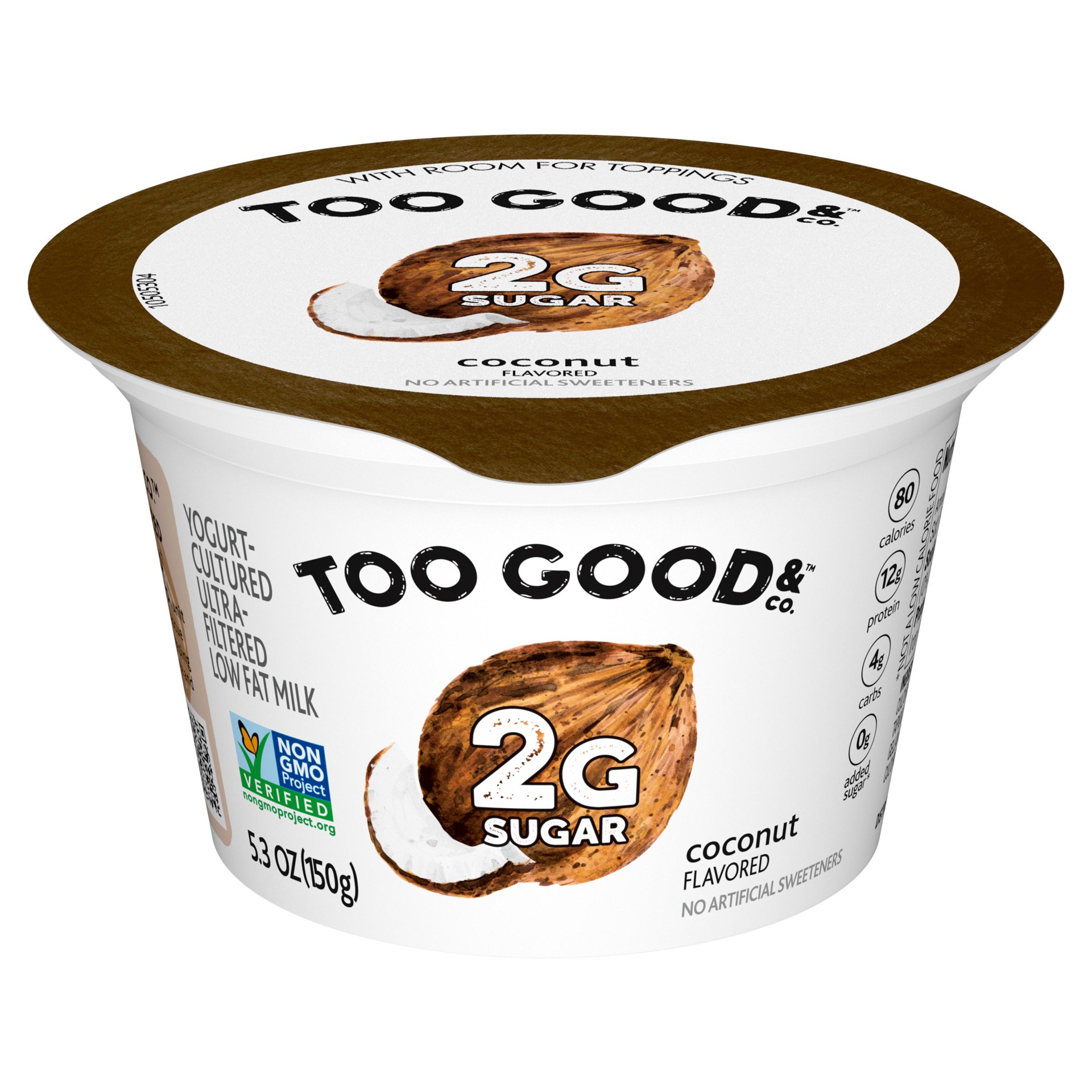 slide 1 of 4, Too Good & Co. Coconut Flavored Lower Sugar, Low Fat Greek Yogurt Cultured Product, Gluten Free, Keto Friendly Healthy Snacks, 5.3 OZ Cup, 5.3 oz