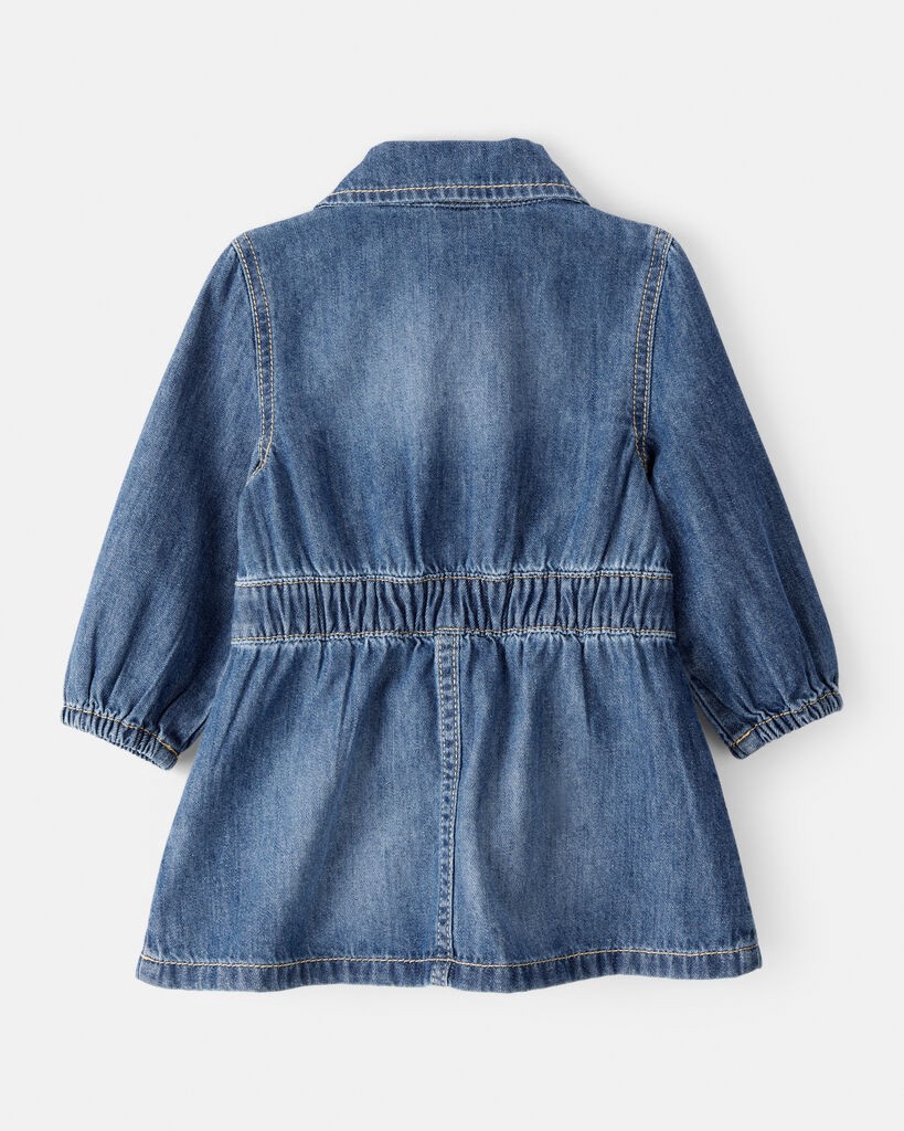 slide 2 of 4, Baby Girl Cotton Denim Long-Sleeve Dress - Blue Blue 24M, 1 ct