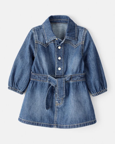 slide 1 of 4, Baby Girl Cotton Denim Long-Sleeve Dress - Blue Blue 24M, 1 ct