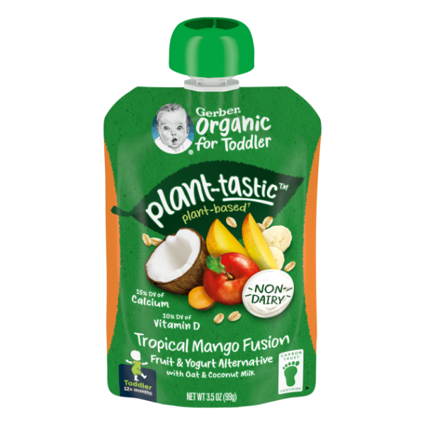 slide 1 of 1, Gerber Organic Baby Food Pouches, Toddler, Plant-tastic, Tropical Mango Fusion, Fruit and Yogurt Alternative with Oat and Coconut Milk, Non-Dairy, 3.5 oz, 3.5 oz